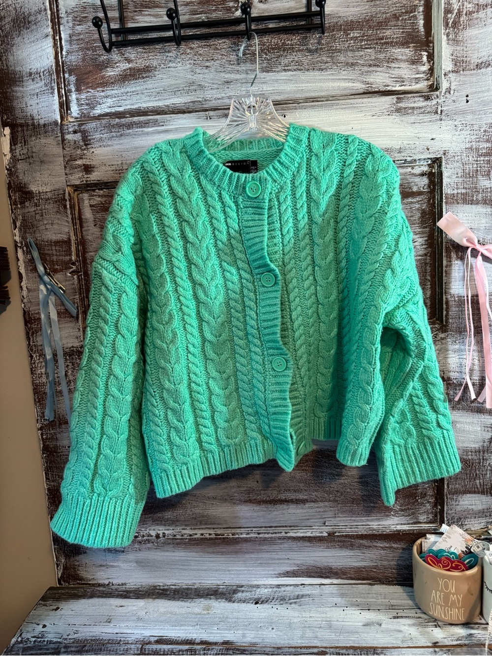 ASOS Mint Green Cable Knit Button-Front Cardigan